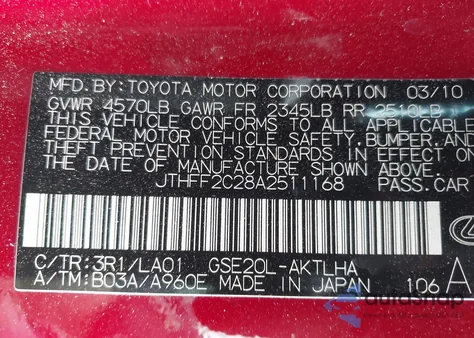2010 Lexus Is 250C from USA, damaged, VIN JTHFF2C28A2511168